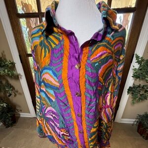 Haute Hippe colorful button down long sleeve blouse womens L Mod Retro Bold